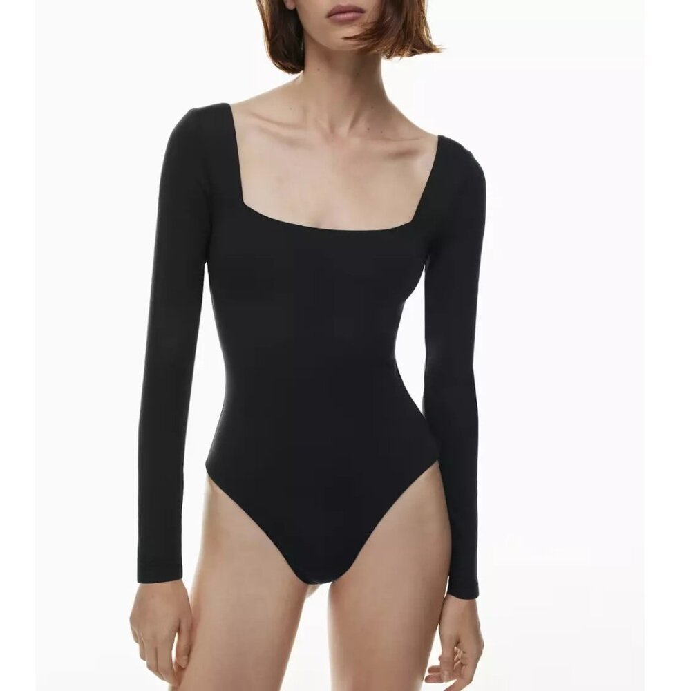 Babaton Contour Black Long Sleeve Square Neck Stretch Smooth‎ Sculpt Bodysuit XS